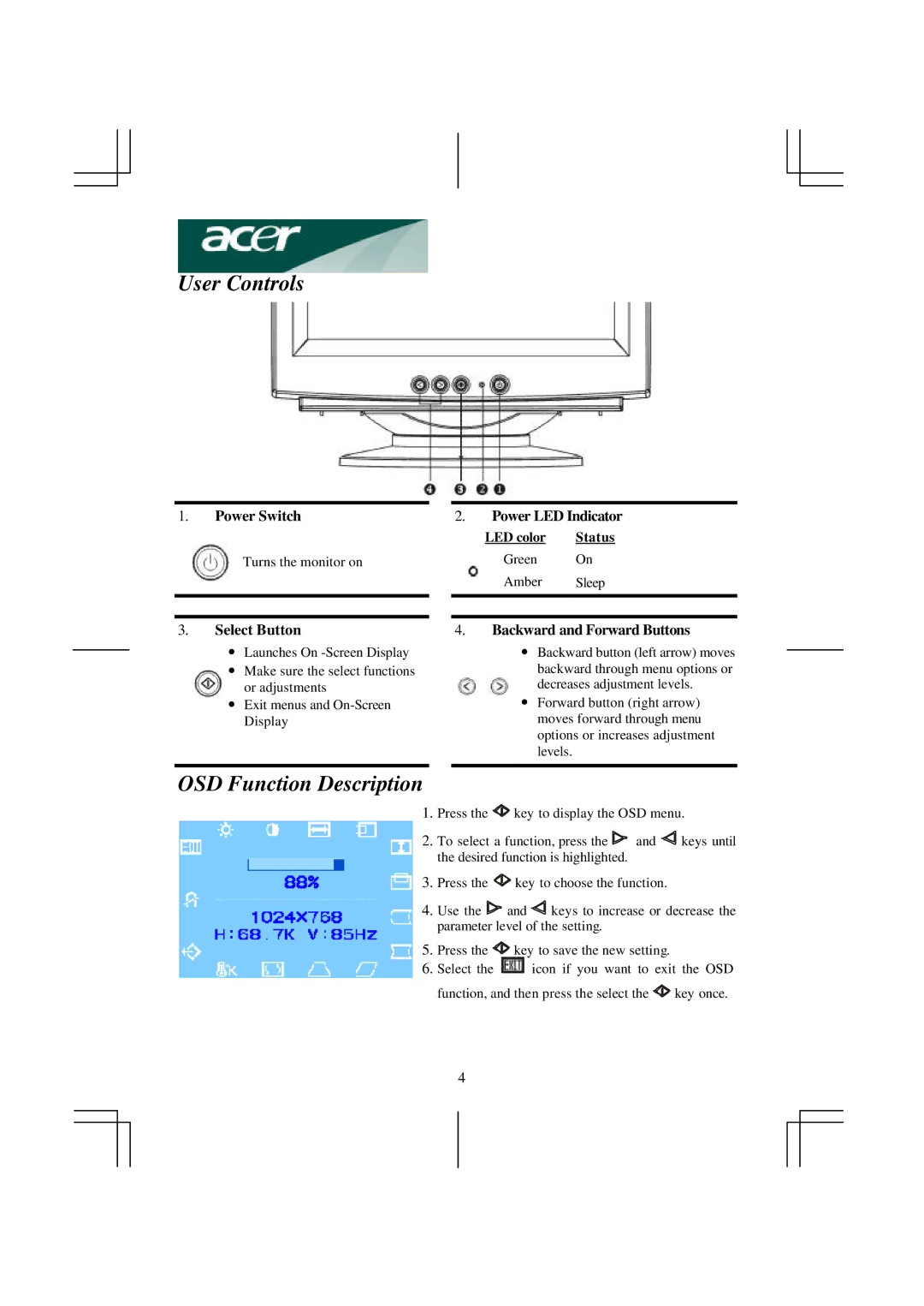 Acer AC 711 important safety instructions User Controls, OSD Function Description 