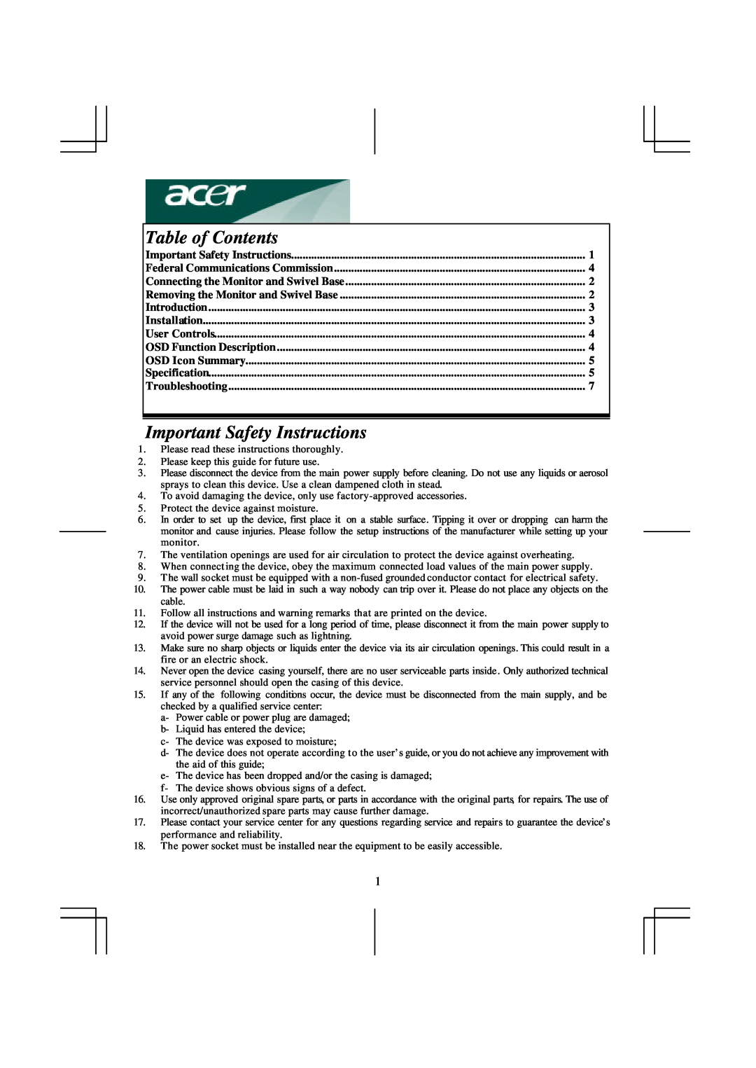 Acer AC 711 important safety instructions Table of Contents, Important Safety Instructions, Introduction, Installation 
