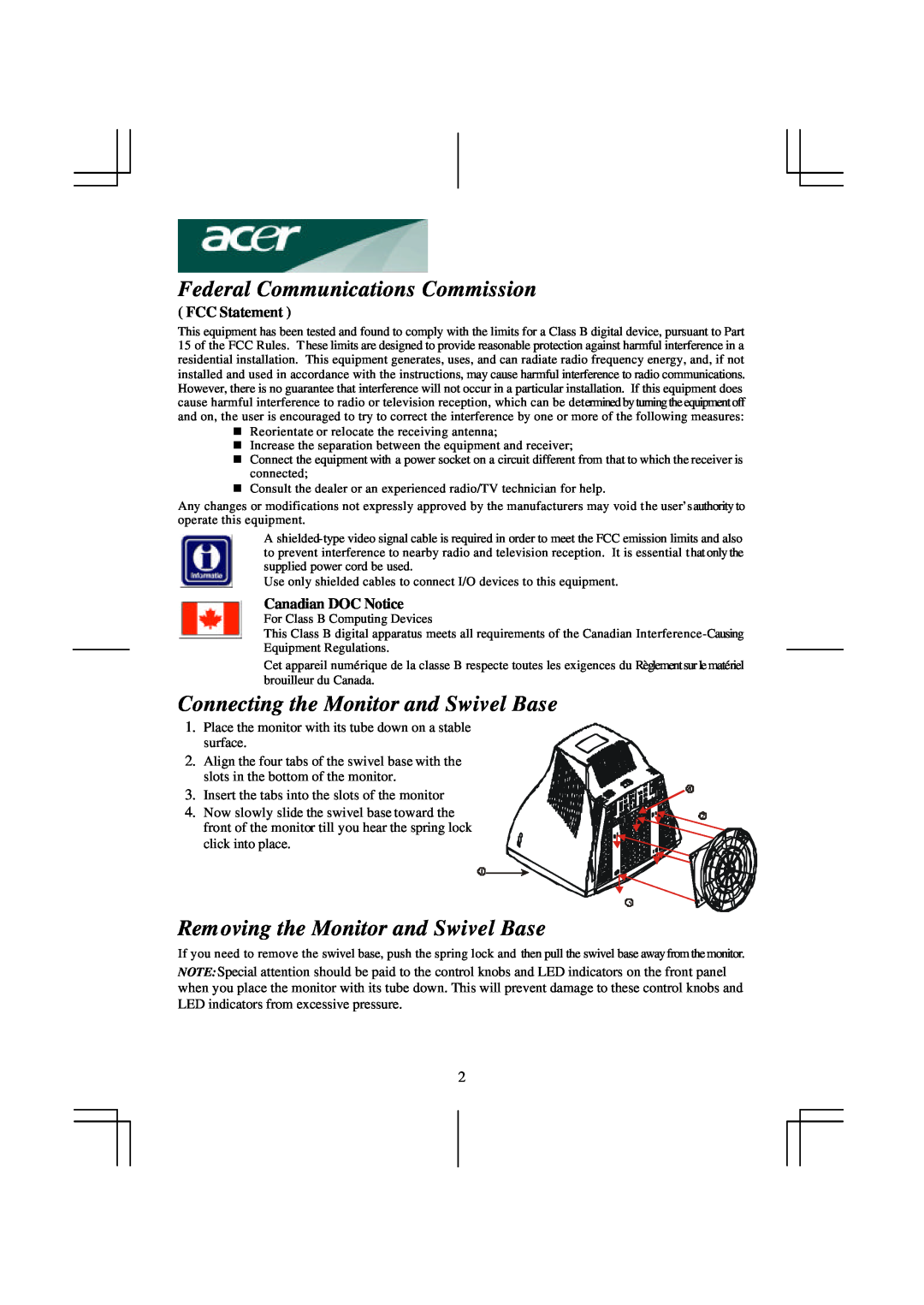 Acer AC 711 Federal Communications Commission, Connecting the Monitor and Swivel Base, FCC Statement, Canadian DOC Notice 