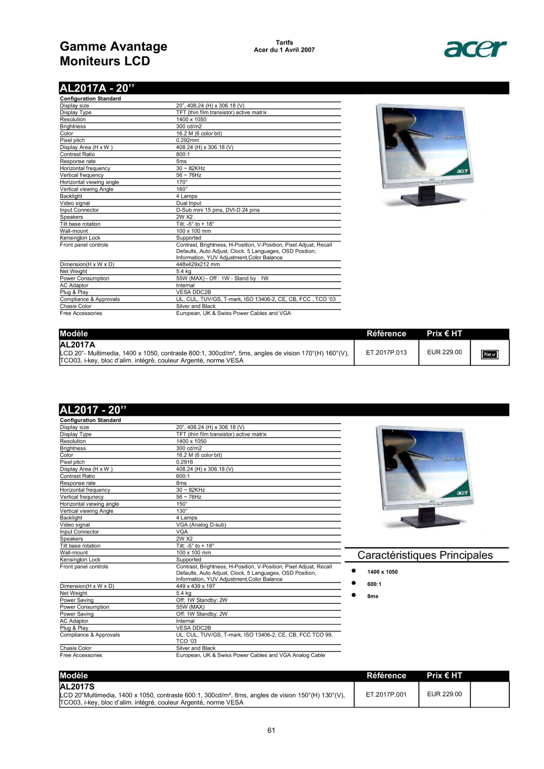 Acer AC713B-17 dimensions AL2017A 20’’, AL2017 20’’, AL2017S 