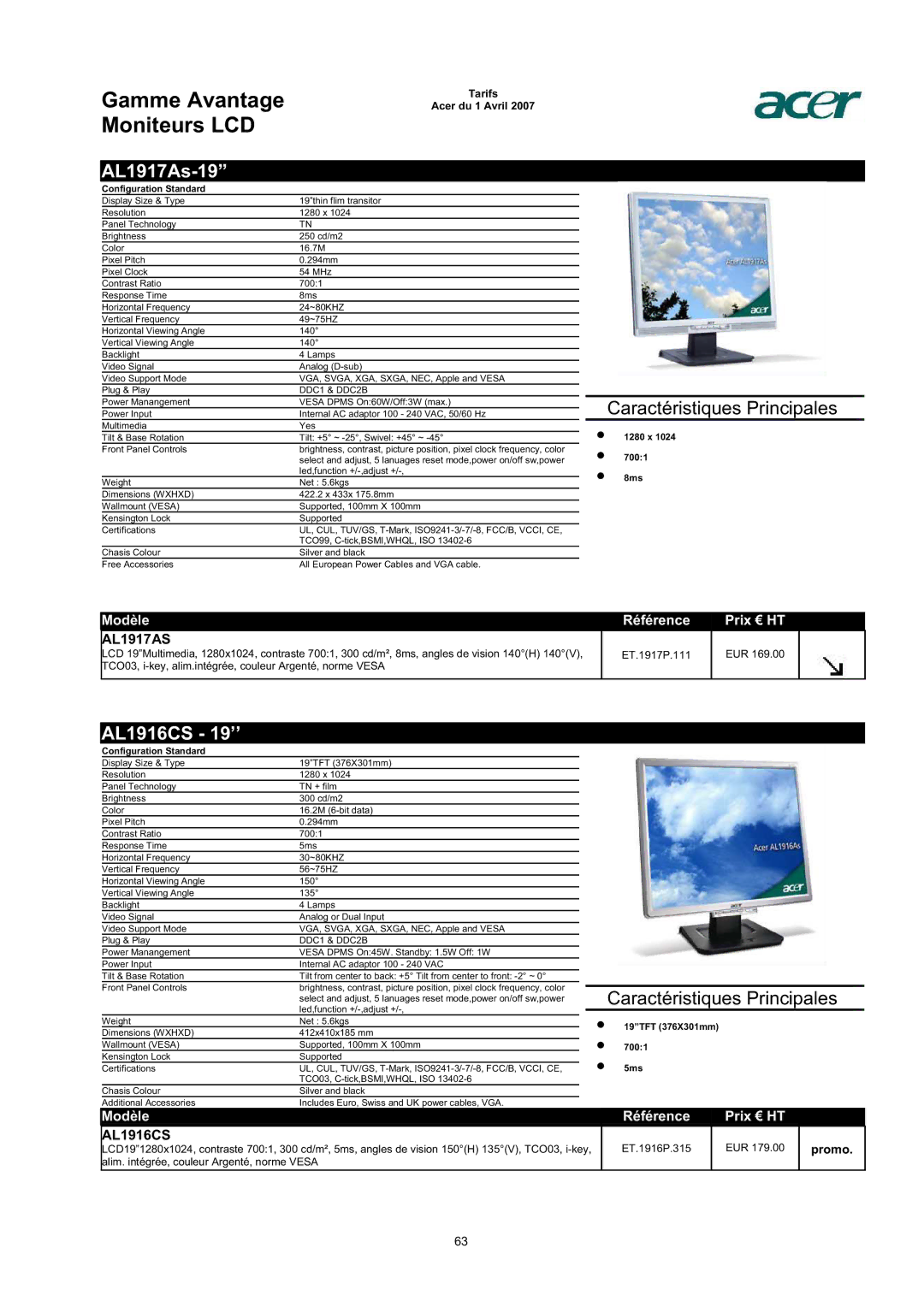 Acer AC713B-17 dimensions AL1917As-19, AL1916CS 19’’, AL1917AS, 19TFT 376X301mm 