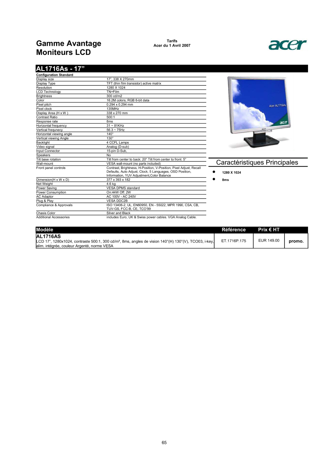 Acer AC713B-17 dimensions AL1716As, AL1716AS 