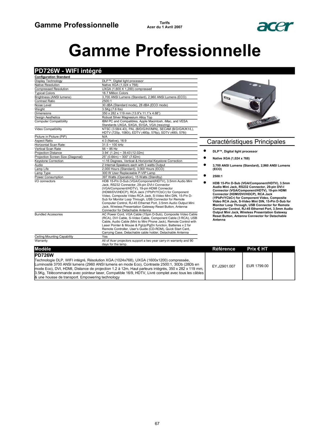 Acer AC713B-17 dimensions PD726W Wifi intégré 