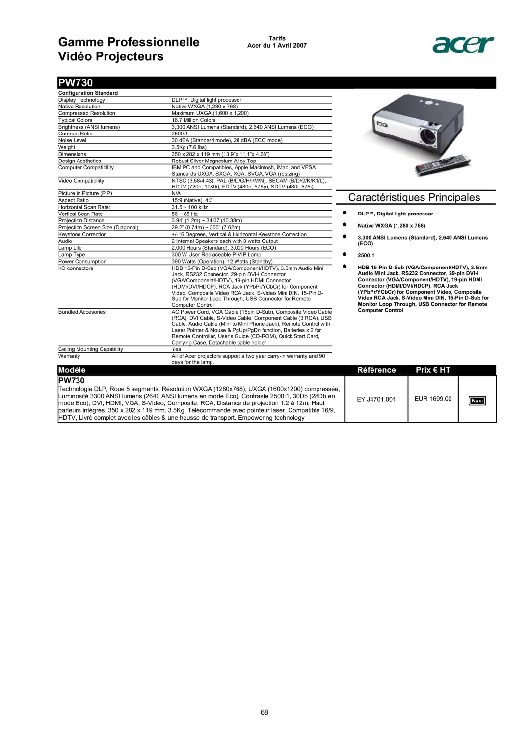 Acer AC713B-17 dimensions PW730, Native Wxga 1,280 x, Ansi Lumens Standard, 2,640 Ansi Lumens, Computer Control 