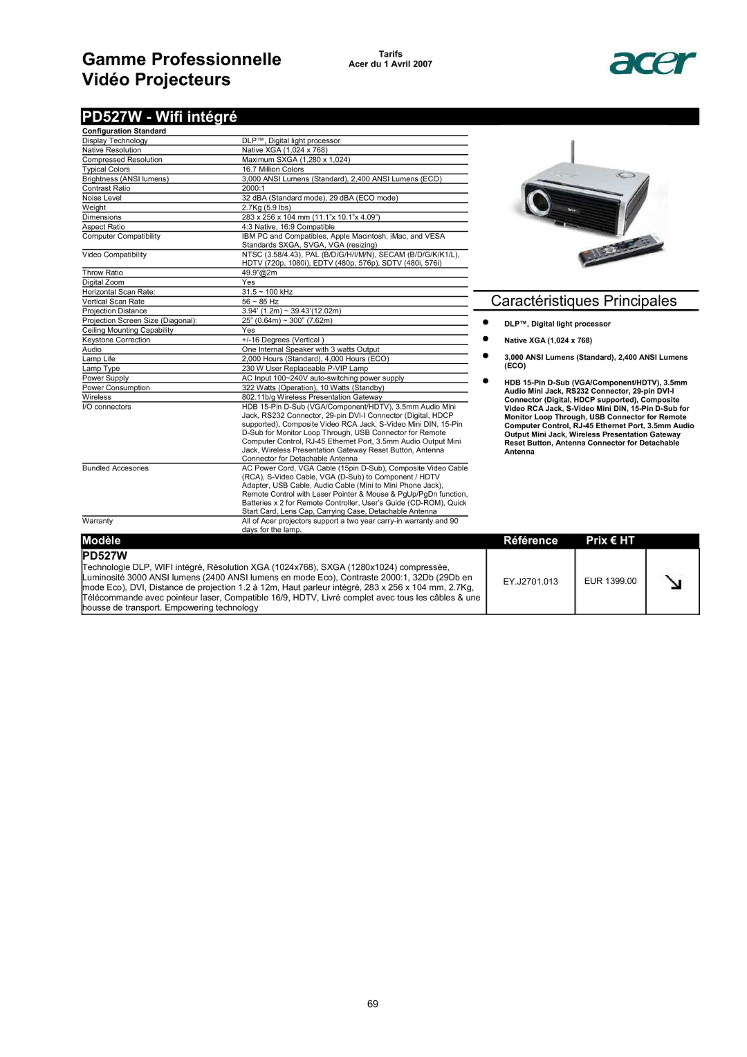 Acer AC713B-17 PD527W Wifi intégré, Ansi Lumens Standard, 2,400 Ansi Lumens, Connector Digital, Hdcp supported, Composite 