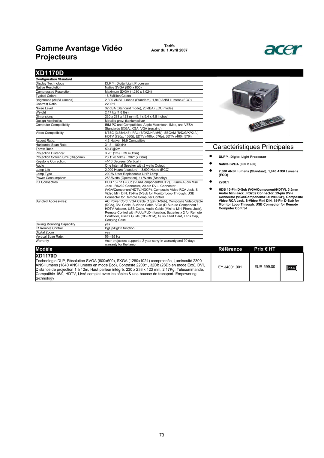 Acer AC713B-17 dimensions XD1170D, Native Svga 800 x, Audio Mini Jack , RS232 Connector, 29-pin DVI-I 