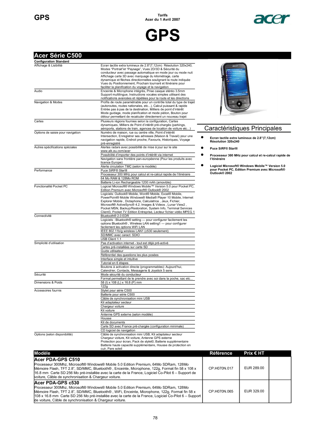 Acer AC713B-17 dimensions Acer Série C500, Acer PDA-GPS C510, Acer PDA-GPS c530 