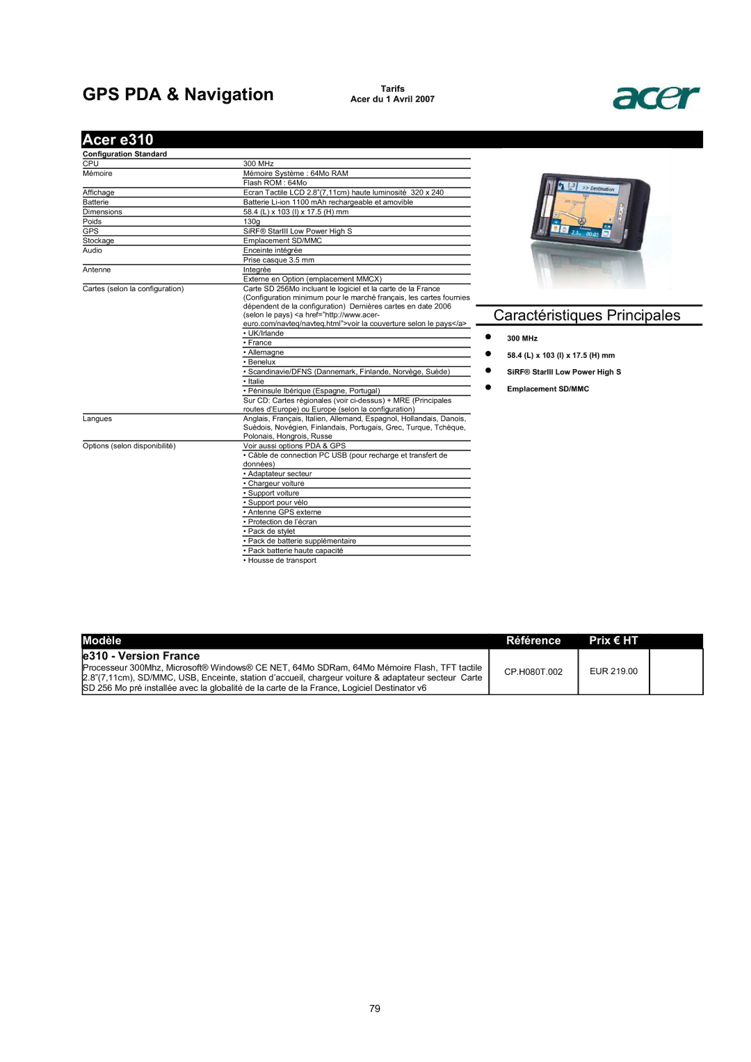 Acer AC713B-17 dimensions Acer e310, E310 Version France, Cpu, Gps 