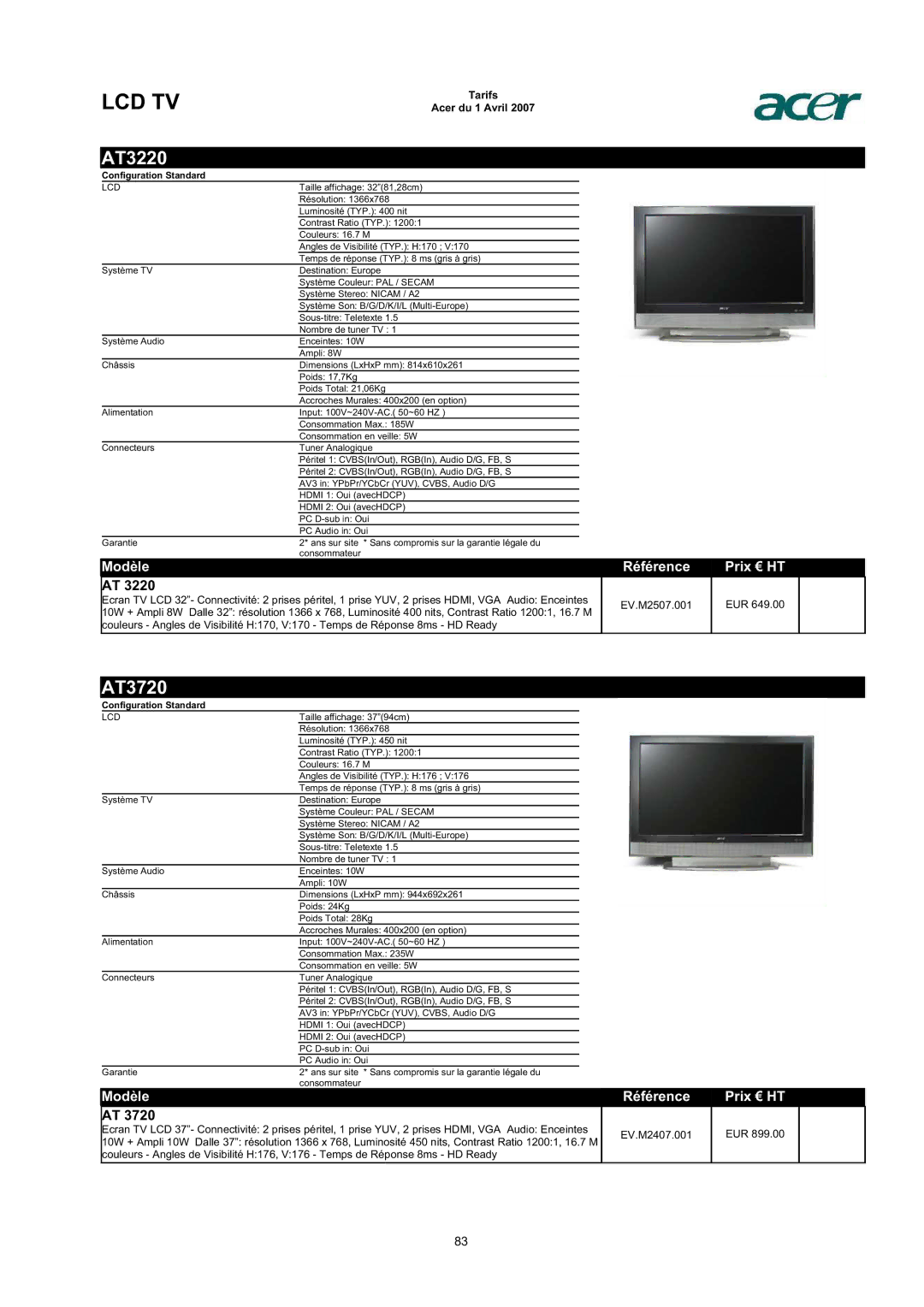 Acer AC713B-17 dimensions AT3220, AT3720 