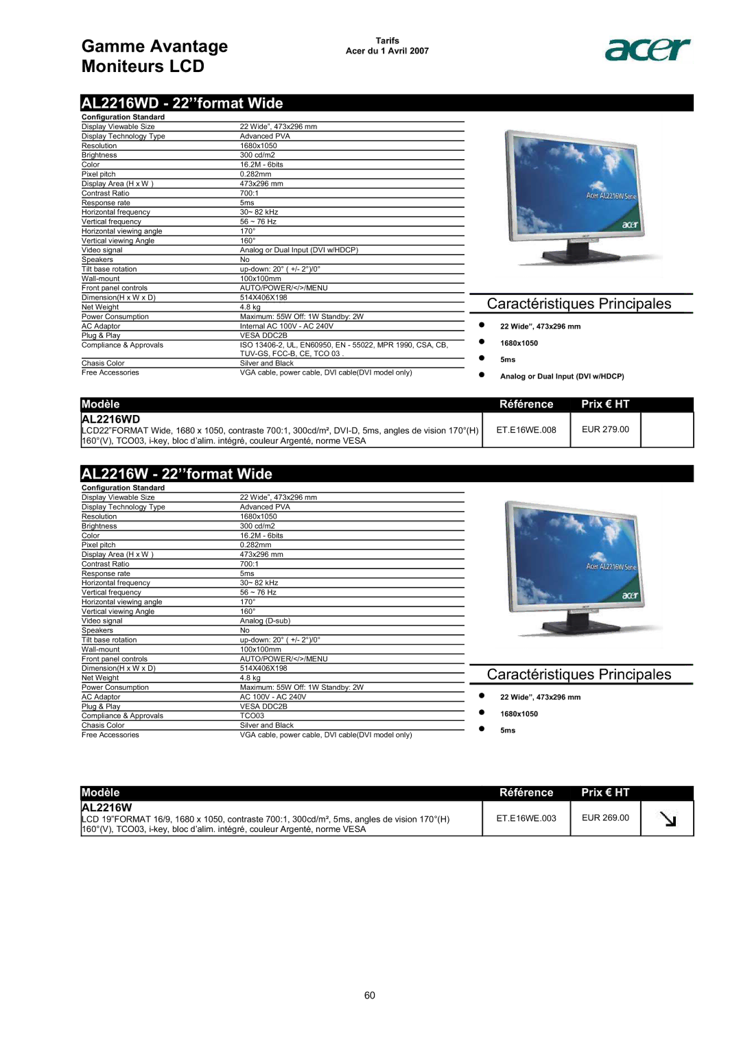 Acer AC713B-17 dimensions AL2216WD 22’’format Wide, AL2216W 22’’format Wide 