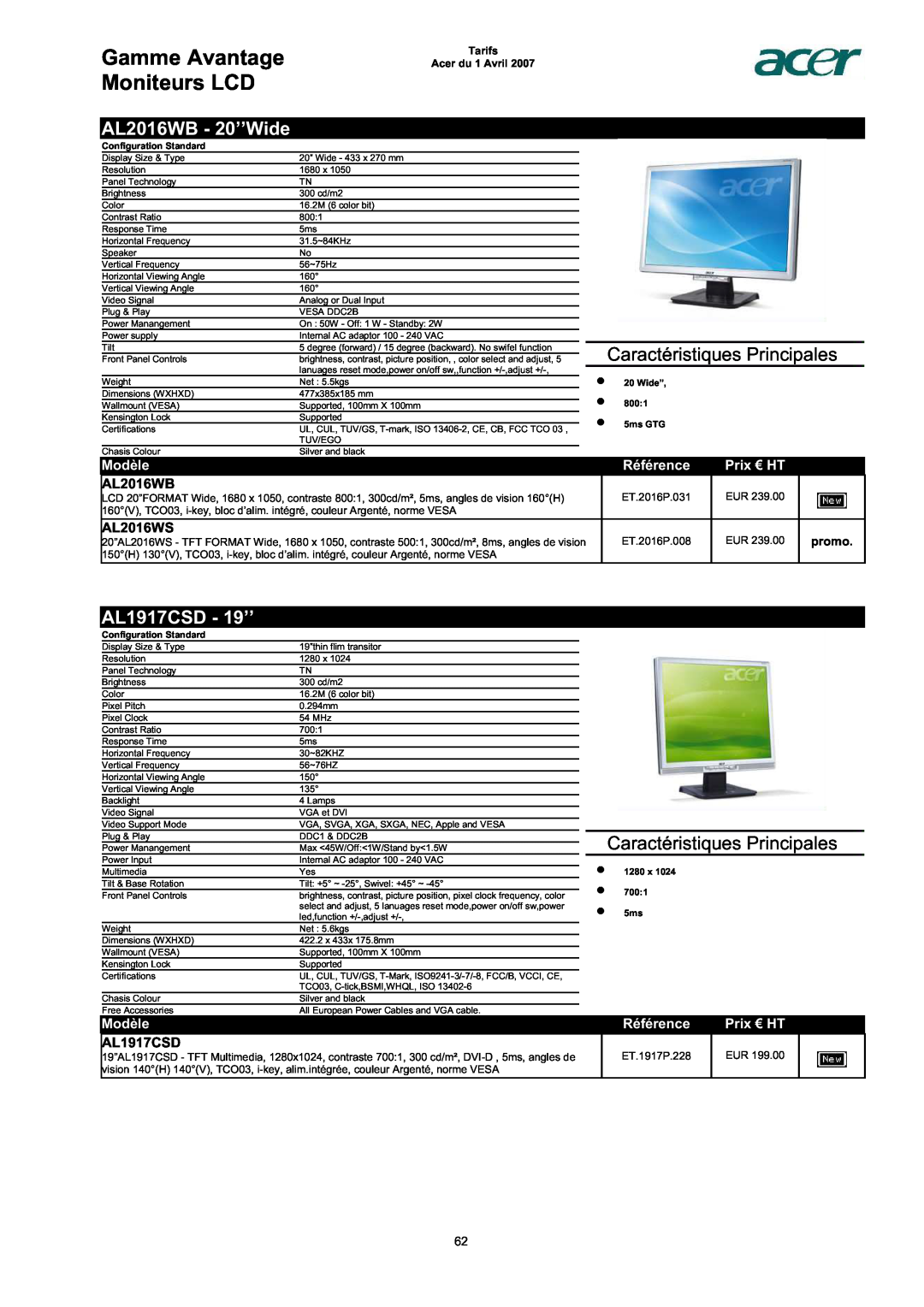 Acer AC713B-17 AL2016WB - 20’’Wide, AL1917CSD - 19’’, AL2016WS, promo, Gamme Avantage Moniteurs LCD, Modèle, Référence 