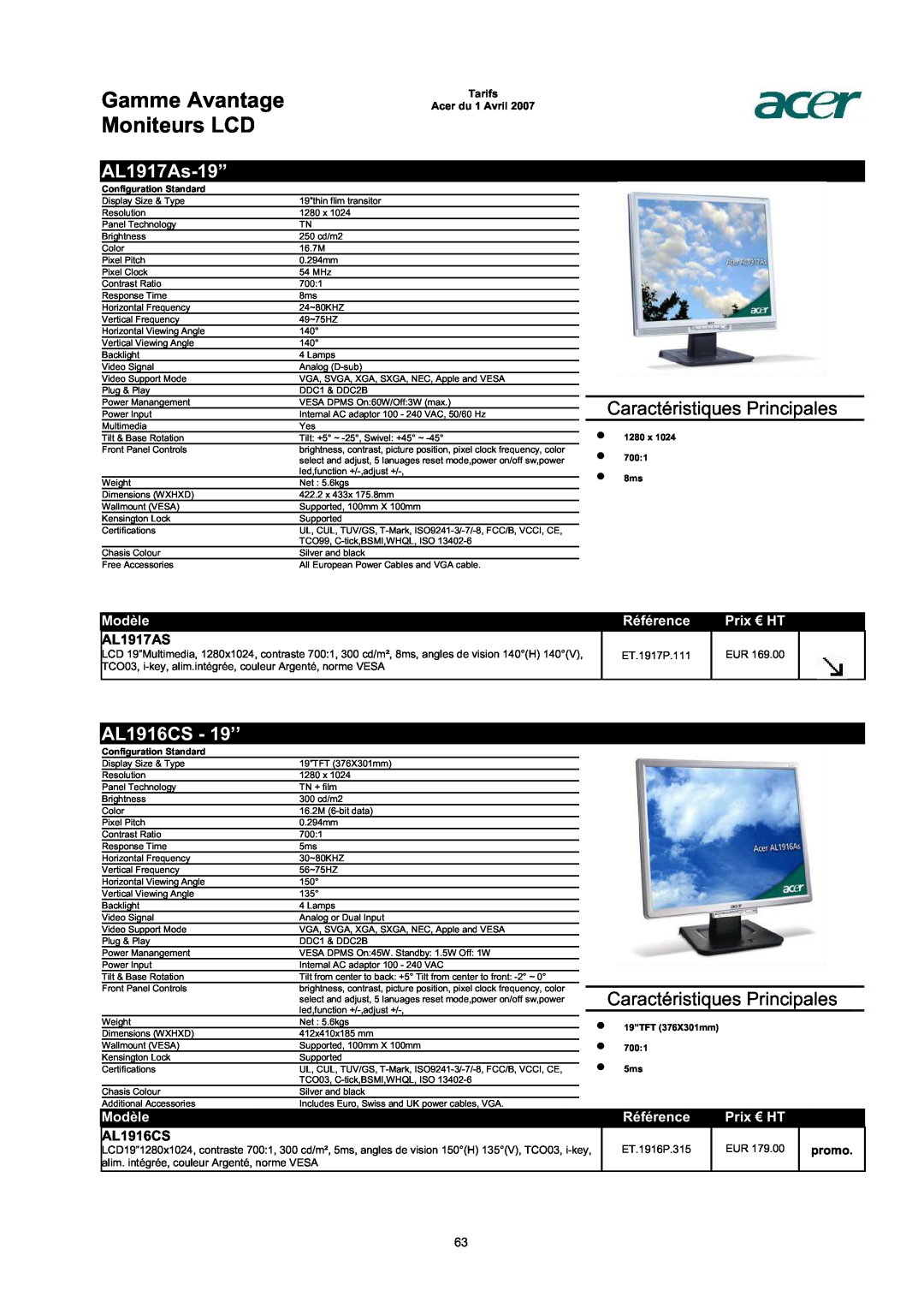 Acer AC713B-17 AL1917As-19”, AL1916CS - 19’’, AL1917AS, Gamme Avantage Moniteurs LCD, Caractéristiques Principales, Modèle 