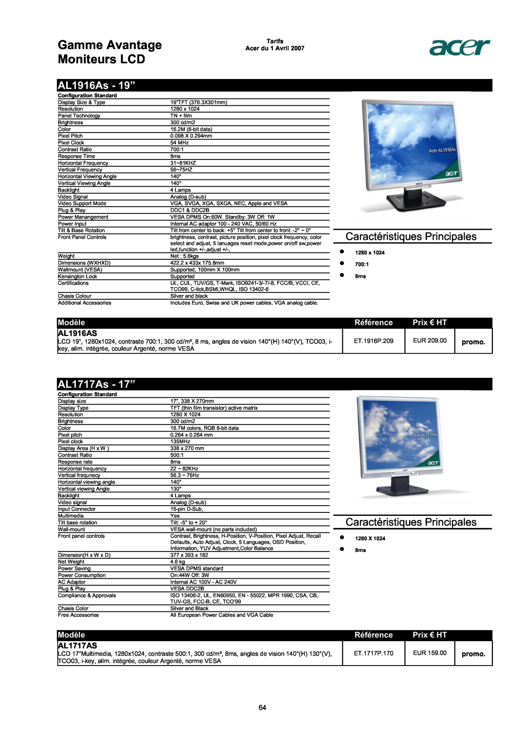 Acer AC713B-17 AL1916As - 19”, AL1717As - 17”, AL1916AS, AL1717AS, Gamme Avantage Moniteurs LCD, Modèle, Référence, promo 