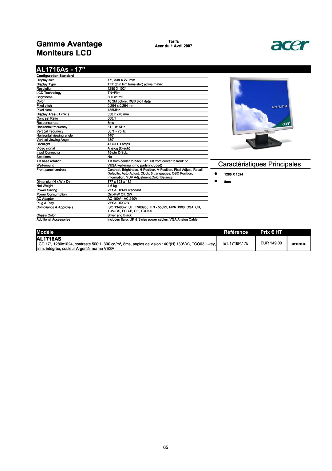 Acer AC713B-17 AL1716As - 17”, AL1716AS, Gamme Avantage Moniteurs LCD, Caractéristiques Principales, Modèle, Référence 