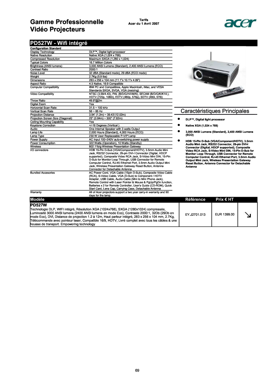 Acer AC713B-17 PD527W - Wifi intégré, Gamme Professionnelle Vidéo Projecteurs, Caractéristiques Principales, Modèle 