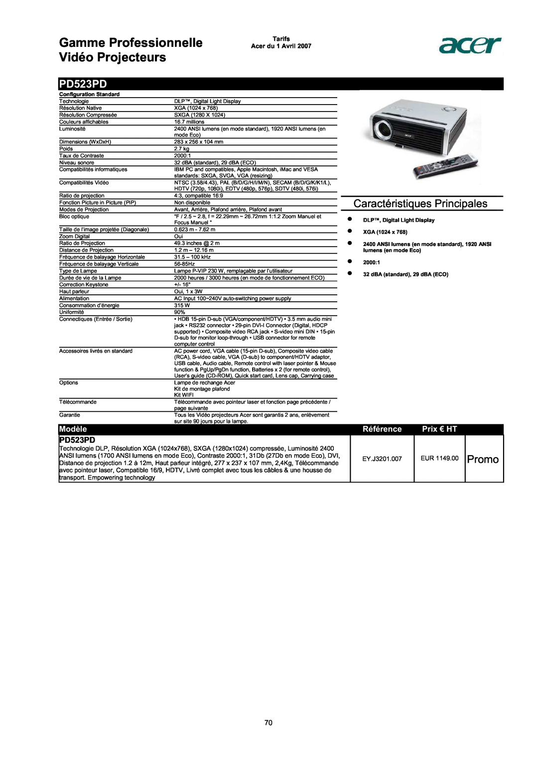 Acer AC713B-17 PD523PD, Promo, Gamme Professionnelle Vidéo Projecteurs, Caractéristiques Principales, Modèle, Référence 