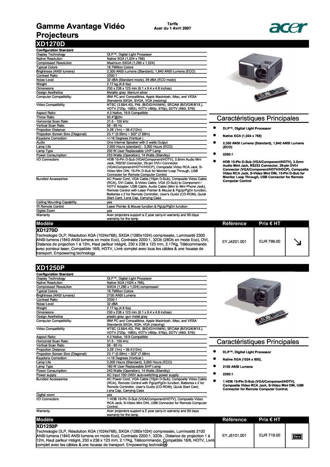 Acer AC713B-17 Gamme Avantage Vidéo Projecteurs, XD1270D, XD1250P, Caractéristiques Principales, Modèle, Référence 