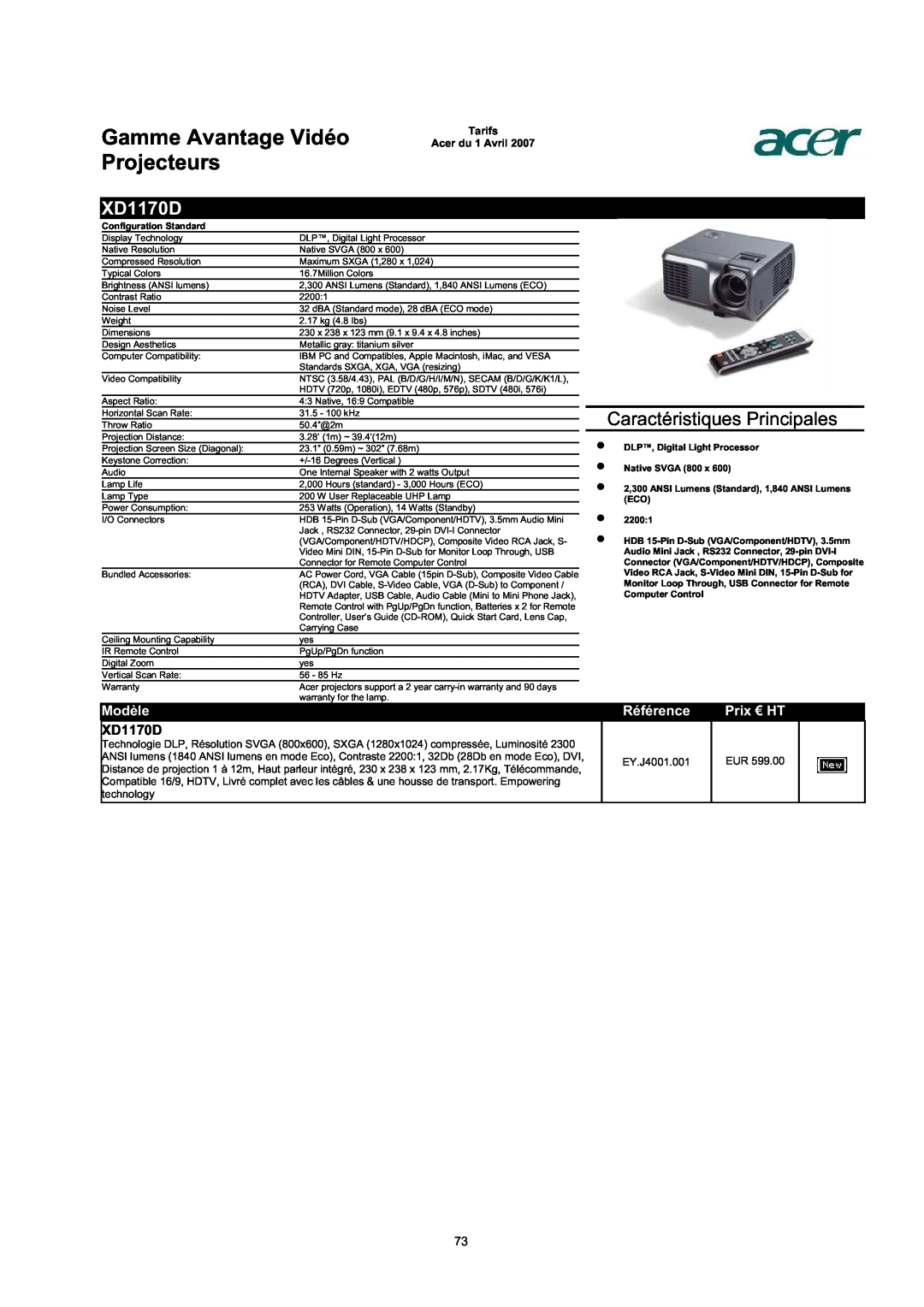 Acer AC713B-17 XD1170D, Gamme Avantage Vidéo Projecteurs, Caractéristiques Principales, Modèle, Référence, Prix € HT 