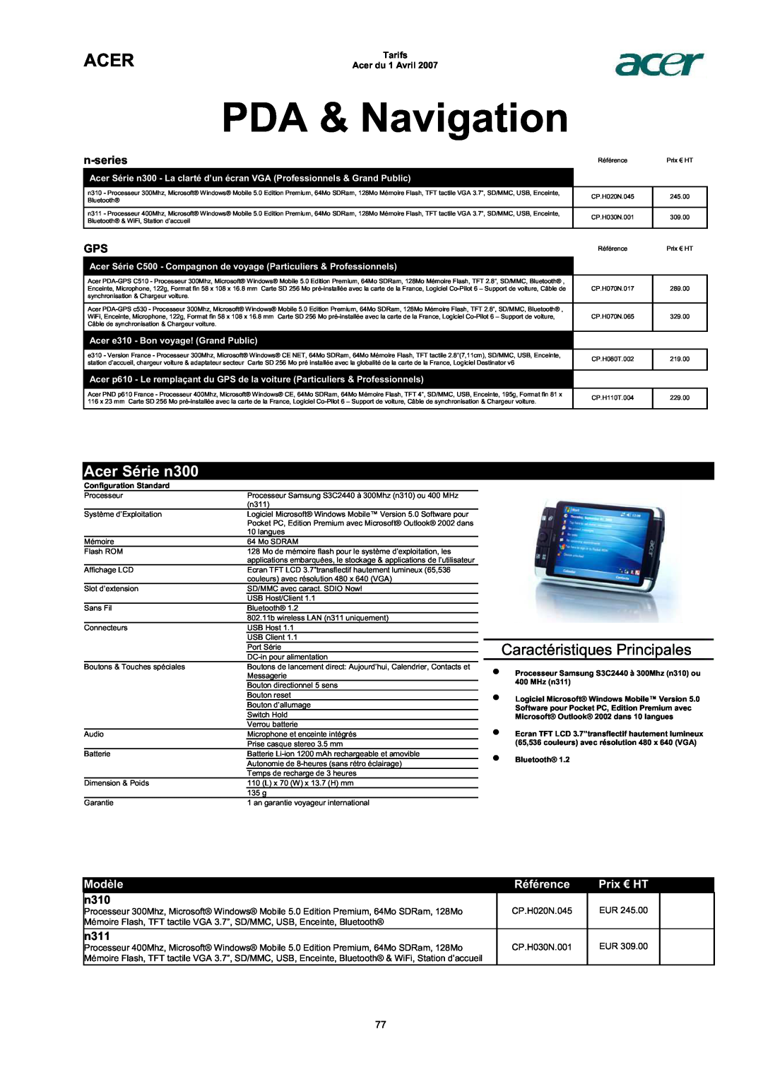 Acer AC713B-17 PDA & Navigation, Acer Série n300, n-series, n310, n311, Caractéristiques Principales, Modèle, Référence 