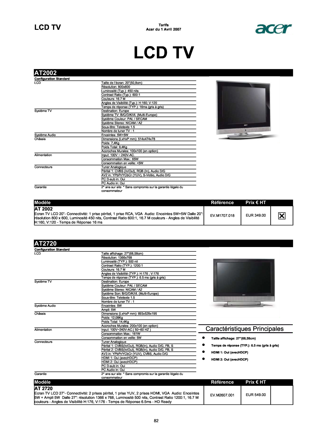 Acer AC713B-17 Lcd Tv, AT2002, AT2720, Caractéristiques Principales, Modèle, Référence, Prix € HT, Tarifs Acer du 1 Avril 
