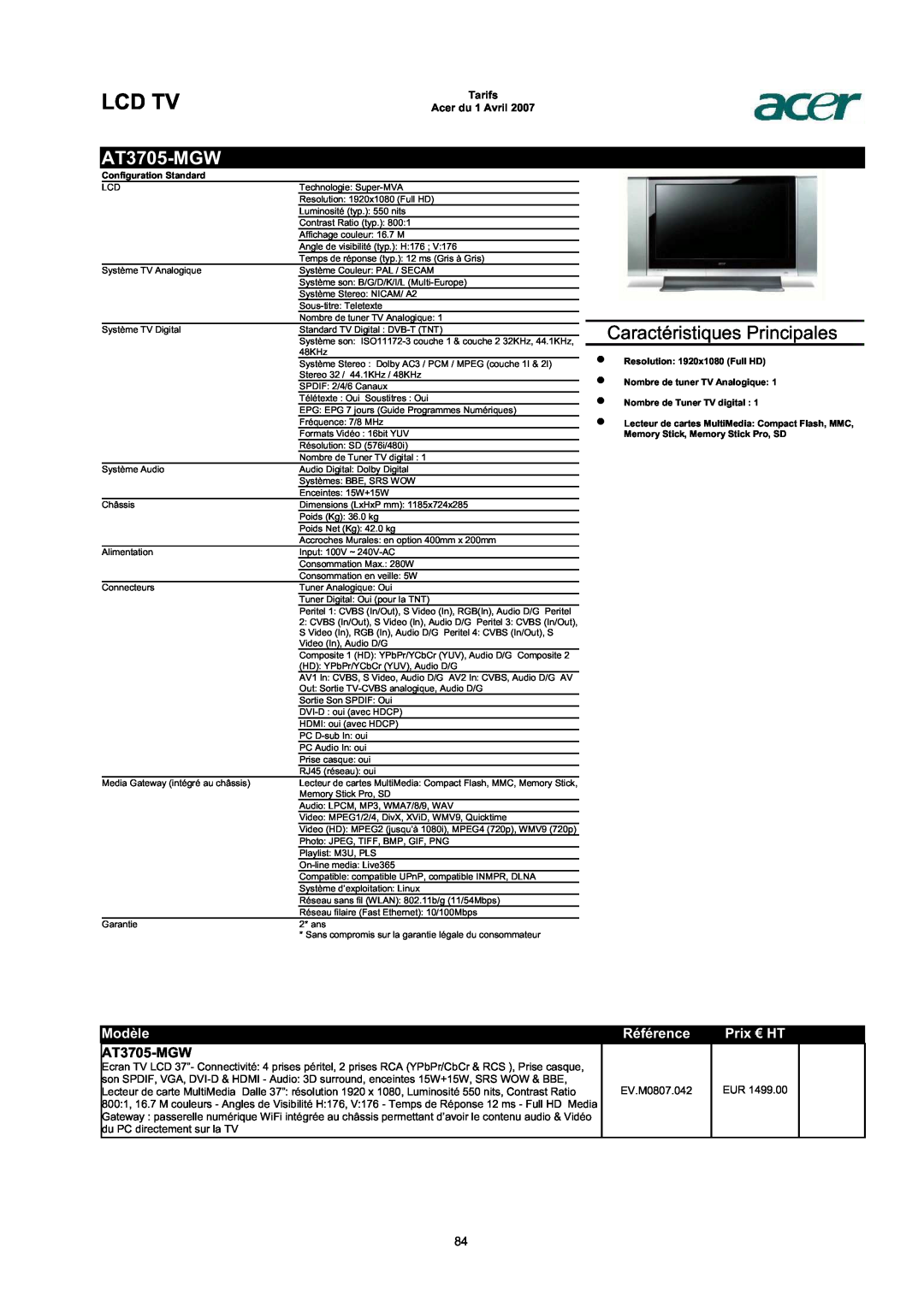 Acer AC713B-17 AT3705-MGW, Lcd Tv, Caractéristiques Principales, Modèle, Référence, Prix € HT, Tarifs Acer du 1 Avril 