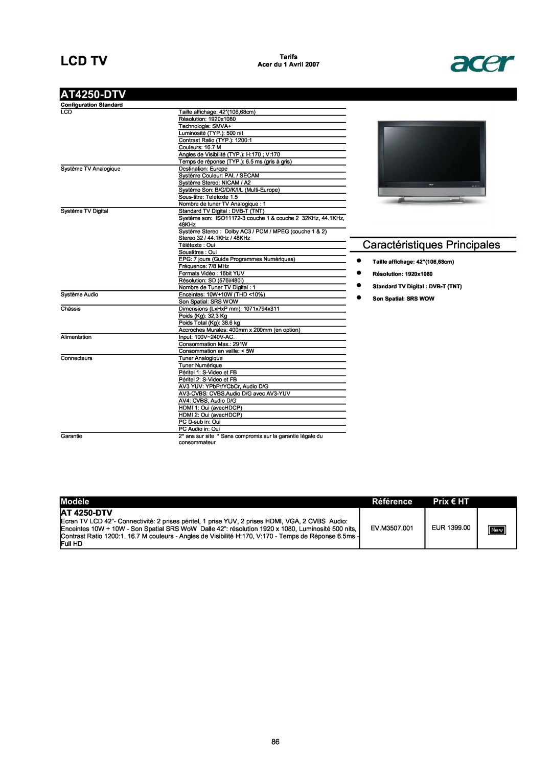 Acer AC713B-17 AT4250-DTV, AT 4250-DTV, Lcd Tv, Caractéristiques Principales, Modèle, Référence, Prix € HT, Résolution 