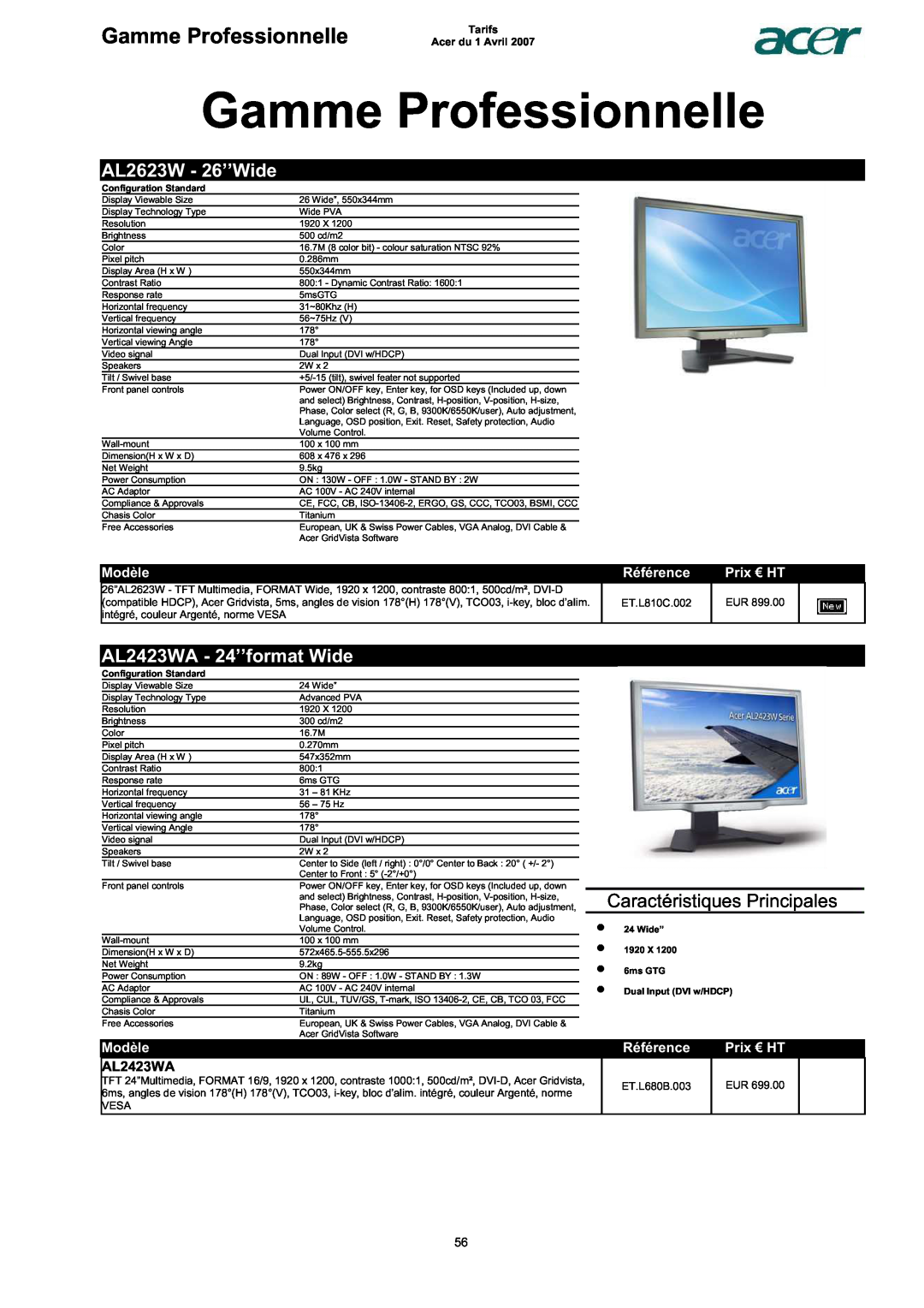 Acer AC713B-17 Gamme Professionnelle, AL2623W - 26’’Wide, AL2423WA - 24’’format Wide, Caractéristiques Principales, Modèle 