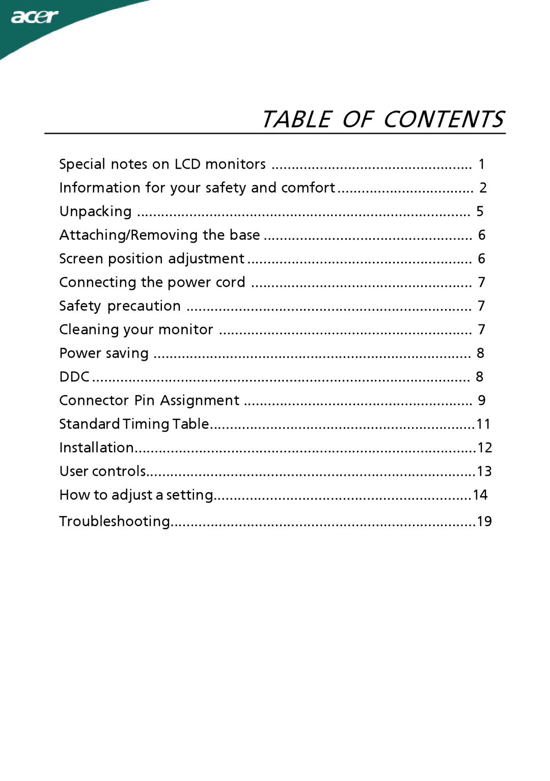 Acer ADEY, ADEZ, X193HQxxxx, X183Hxxxx manual Table of Contents 