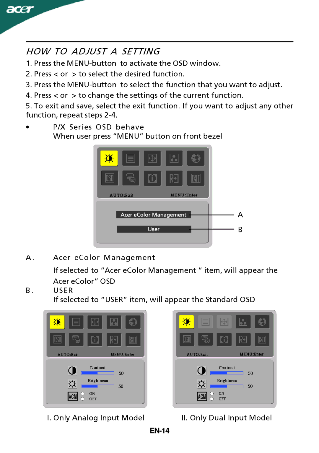 Acer ADEZ, ADEY, X193HQxxxx, X183Hxxxx manual HOW to Adjust a Setting, User, EN-14 