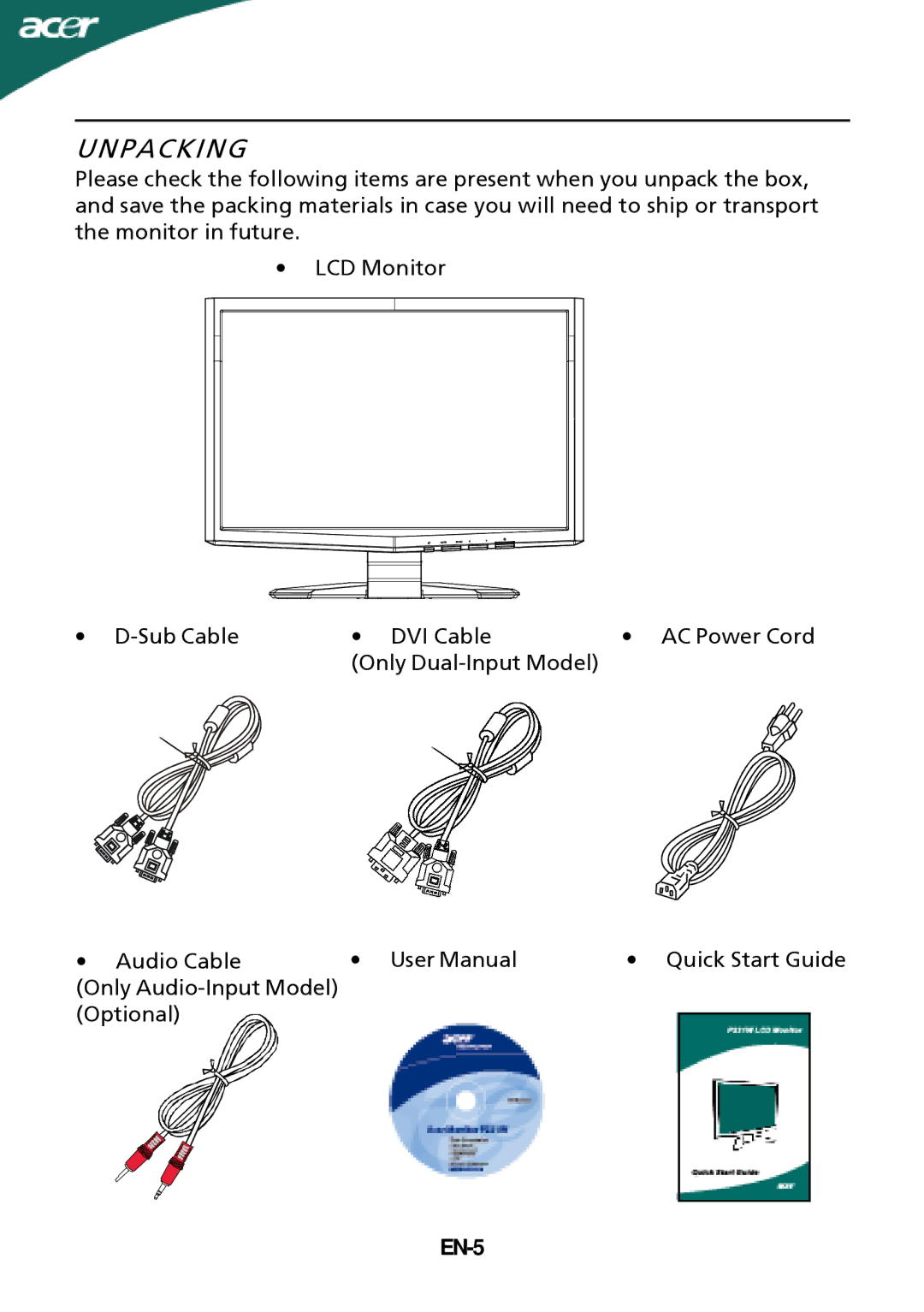 Acer ADEY, ADEZ, X193HQxxxx, X183Hxxxx manual Unpacking, EN-5 