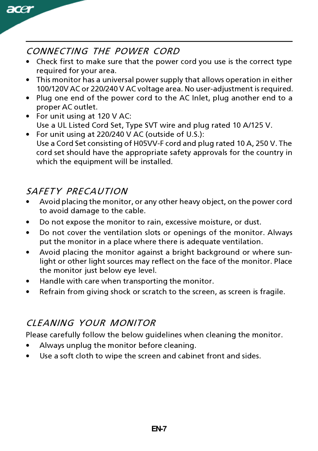 Acer X193HQxxxx, ADEZ, ADEY, X183Hxxxx manual Connecting the Power Cord, Safety Precaution, Cleaning Your Monitor, EN-7 