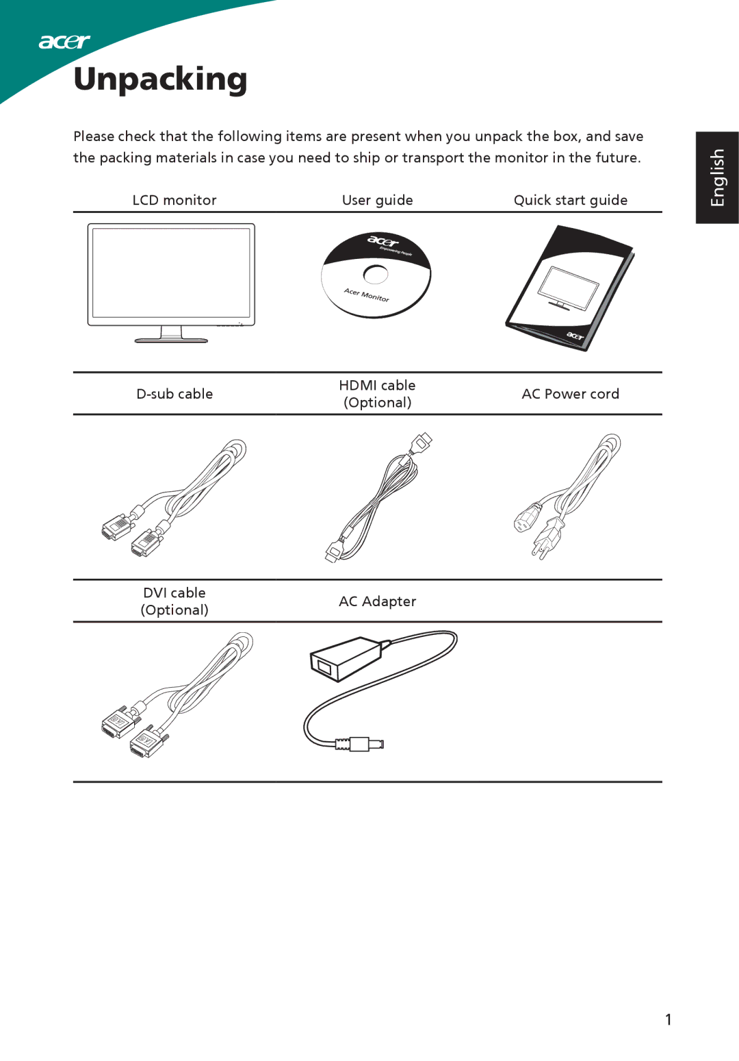 Acer S220HQL, ADP-40PH BB, S230HL manual Unpacking 