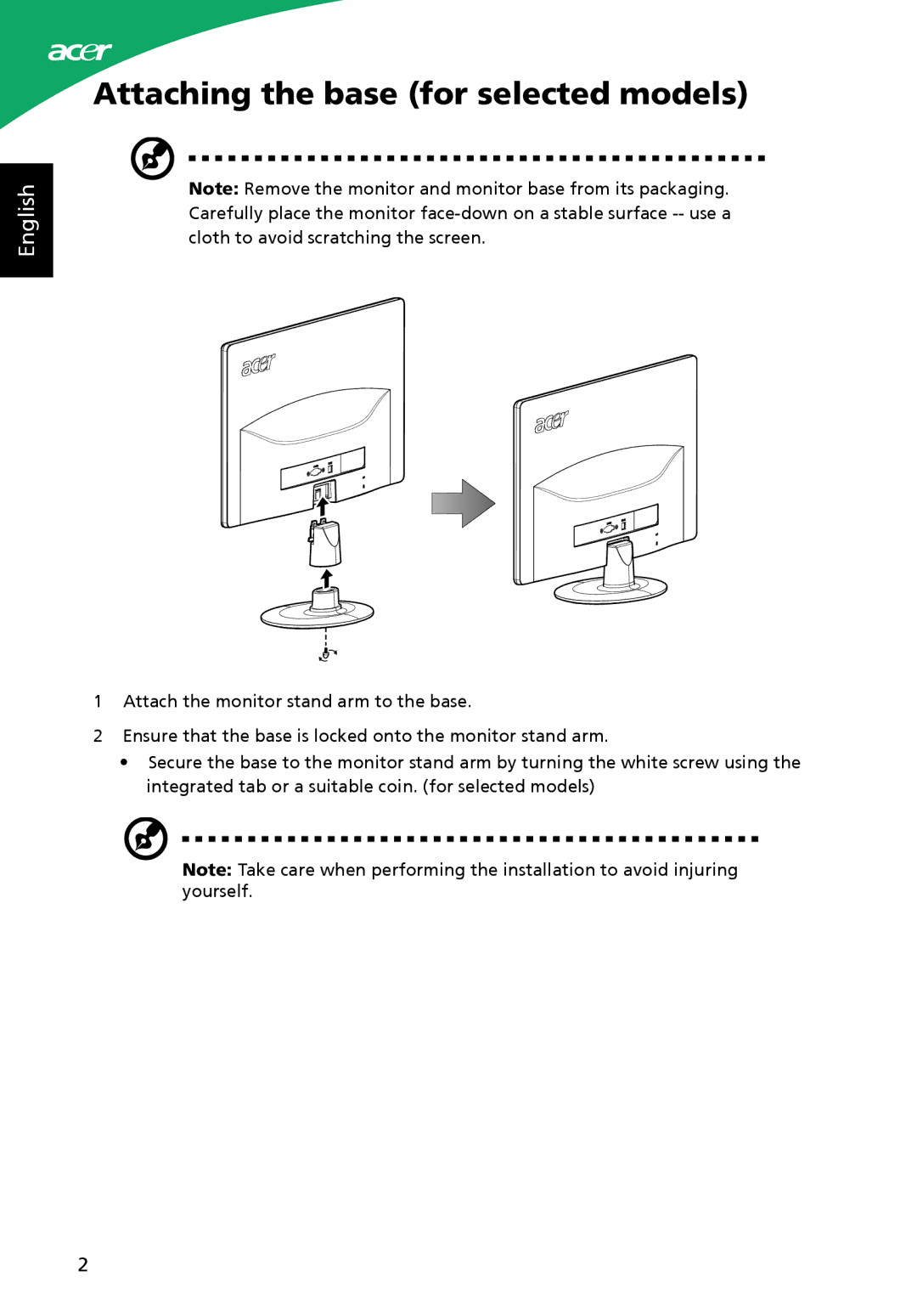 Acer S230HL, ADP-40PH BB, S220HQL manual Attaching the base for selected models 