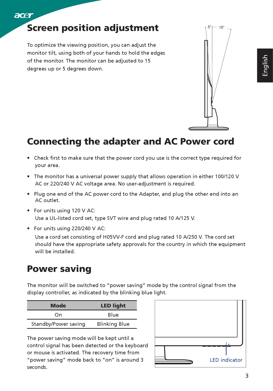 Acer ADP-40PH BB manual Screen position adjustment, Connecting the adapter and AC Power cord, Power saving, Mode LED light 