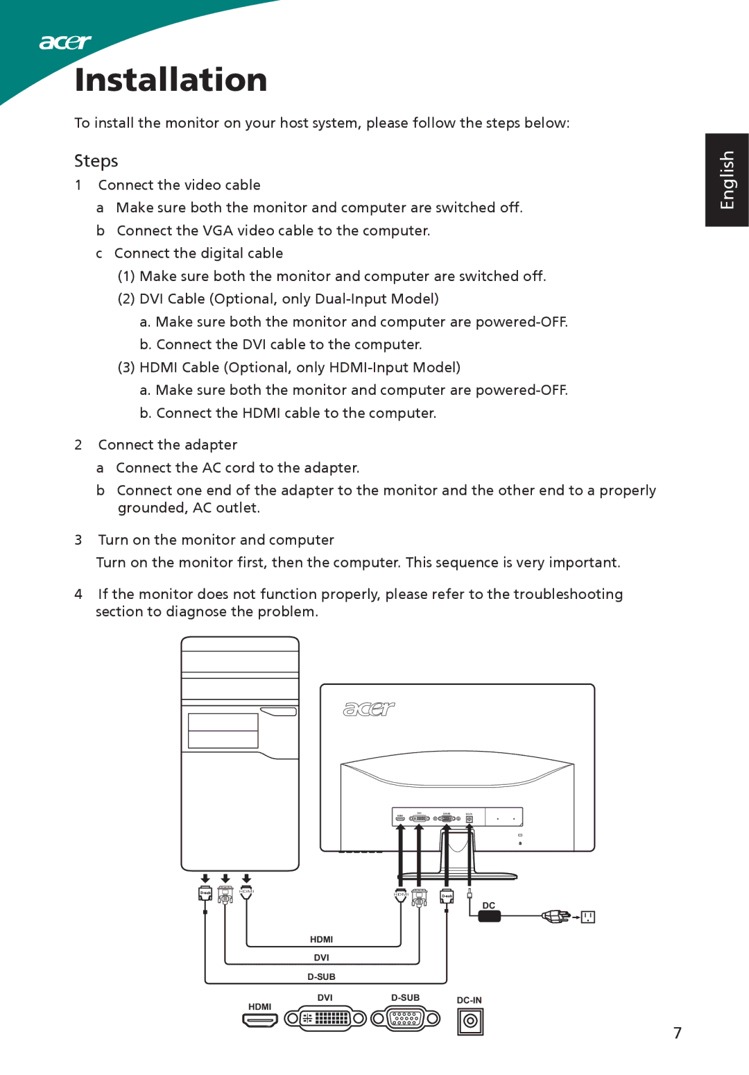 Acer S220HQL, ADP-40PH BB, S230HL manual Installation, Steps 