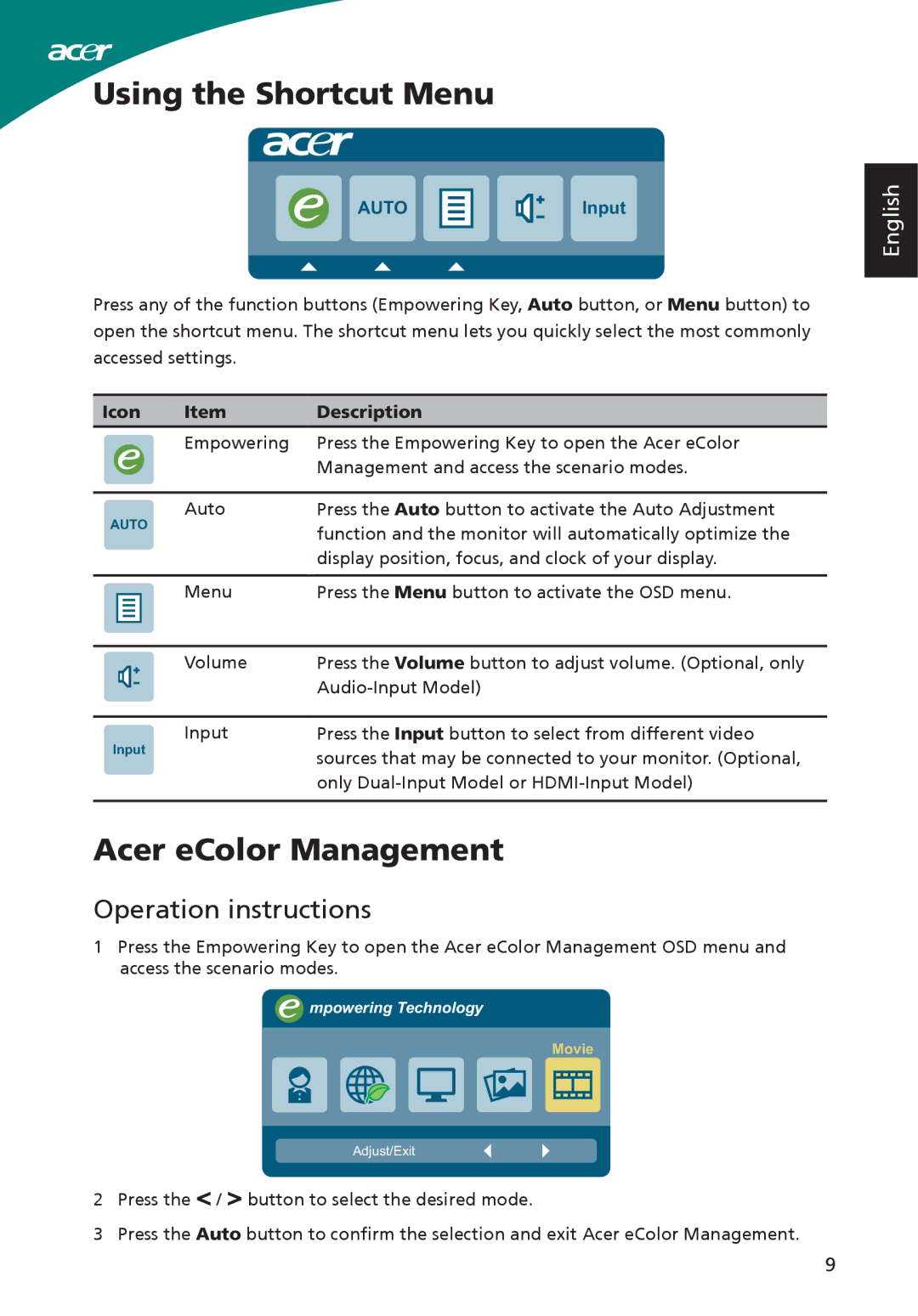 Acer ADP-40PH BB, S220HQL, S230HL Using the Shortcut Menu, Acer eColor Management, Operation instructions, Icon Description 