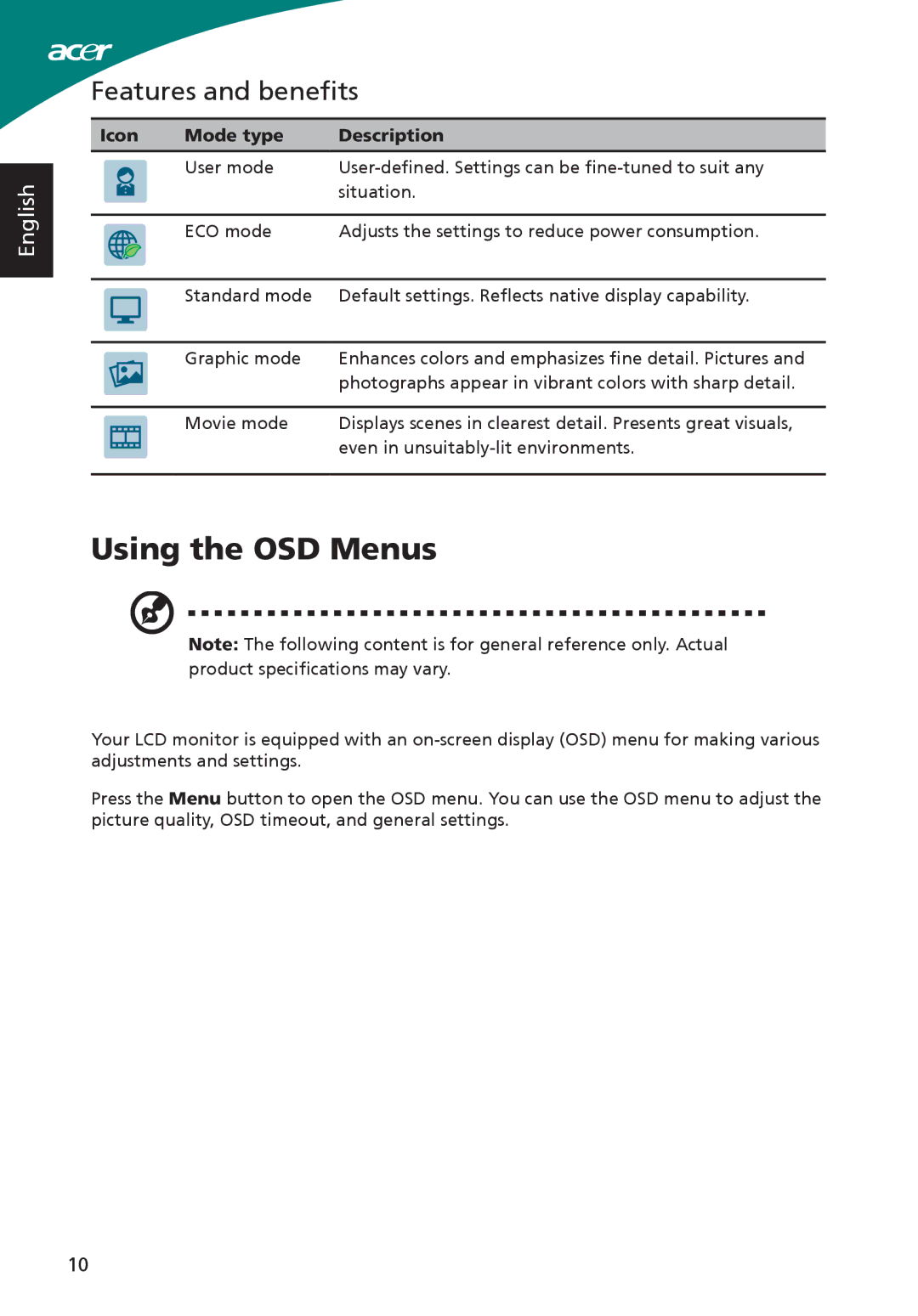 Acer S220HQL, ADP-40PH BB, S230HL manual Using the OSD Menus, Features and benefits, Icon Mode type Description 