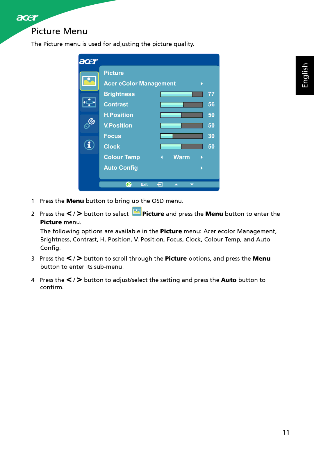 Acer S230HL, ADP-40PH BB, S220HQL manual Picture Menu, Picture menu 