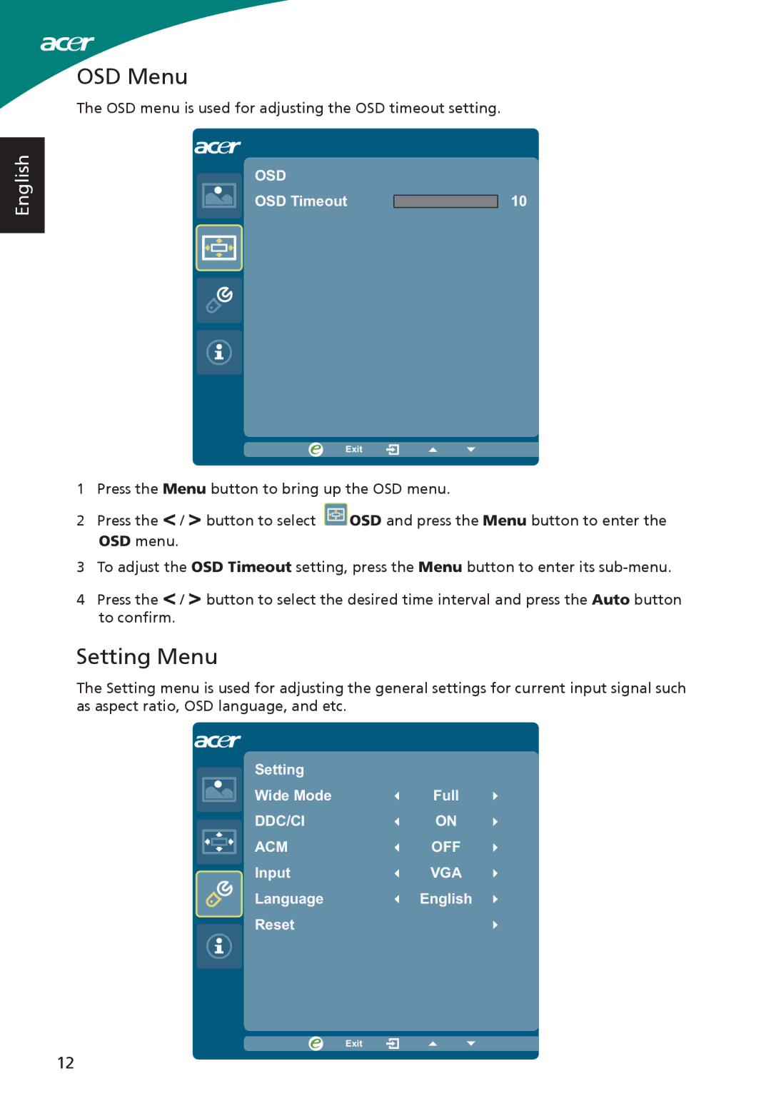 Acer ADP-40PH BB, S220HQL, S230HL manual OSD Menu, Setting Menu 