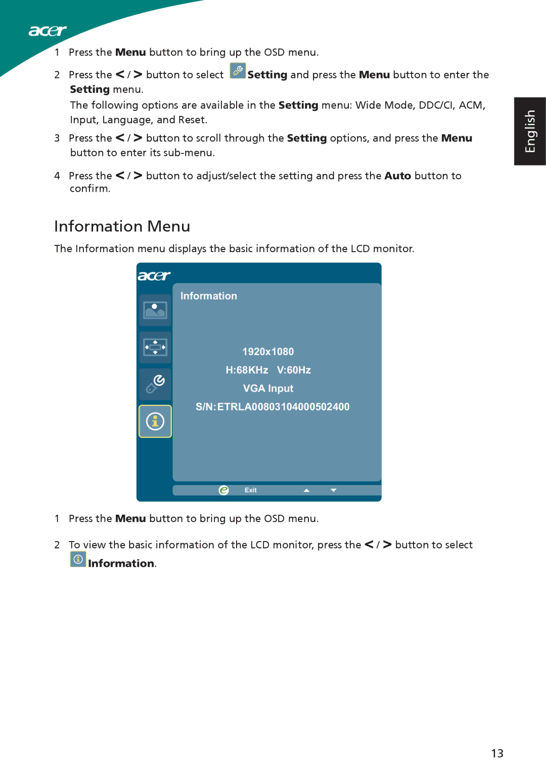 Acer S220HQL, ADP-40PH BB, S230HL manual Information Menu, Setting menu 