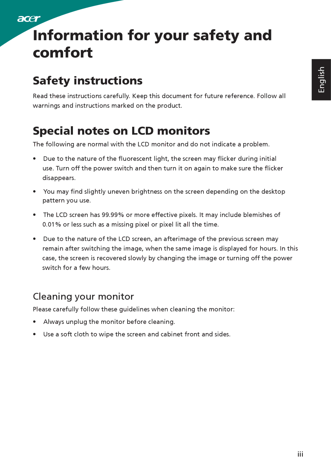 Acer ADP-40PH BB, S220HQL manual Information for your safety and comfort, Safety instructions, Special notes on LCD monitors 