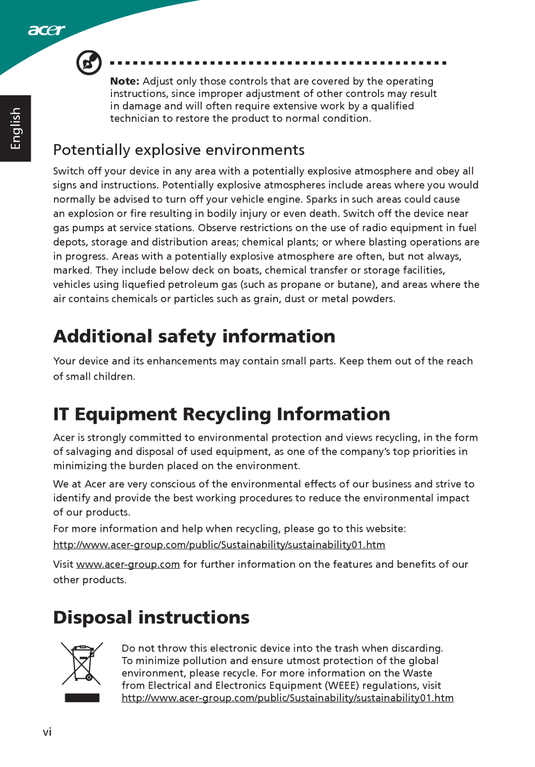 Acer ADP-40PH BB, S220HQL, S230HL Additional safety information, IT Equipment Recycling Information, Disposal instructions 