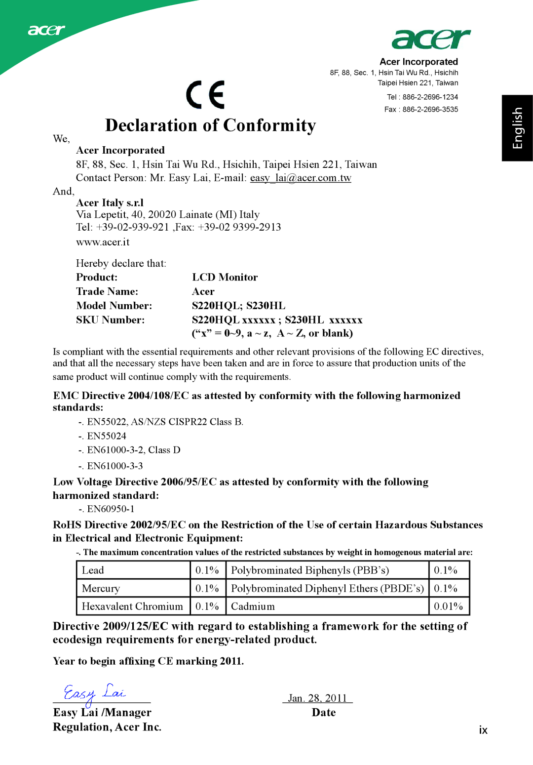 Acer ADP-40PH BB, S220HQL, S230HL manual Declaration of Conformity 