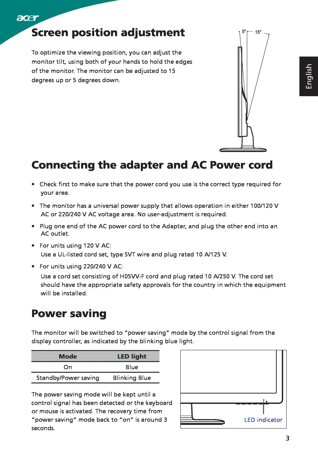 Acer ADP-40PH BB, S230HL Screen position adjustment, Connecting the adapter and AC Power cord, Power saving, English, Mode 