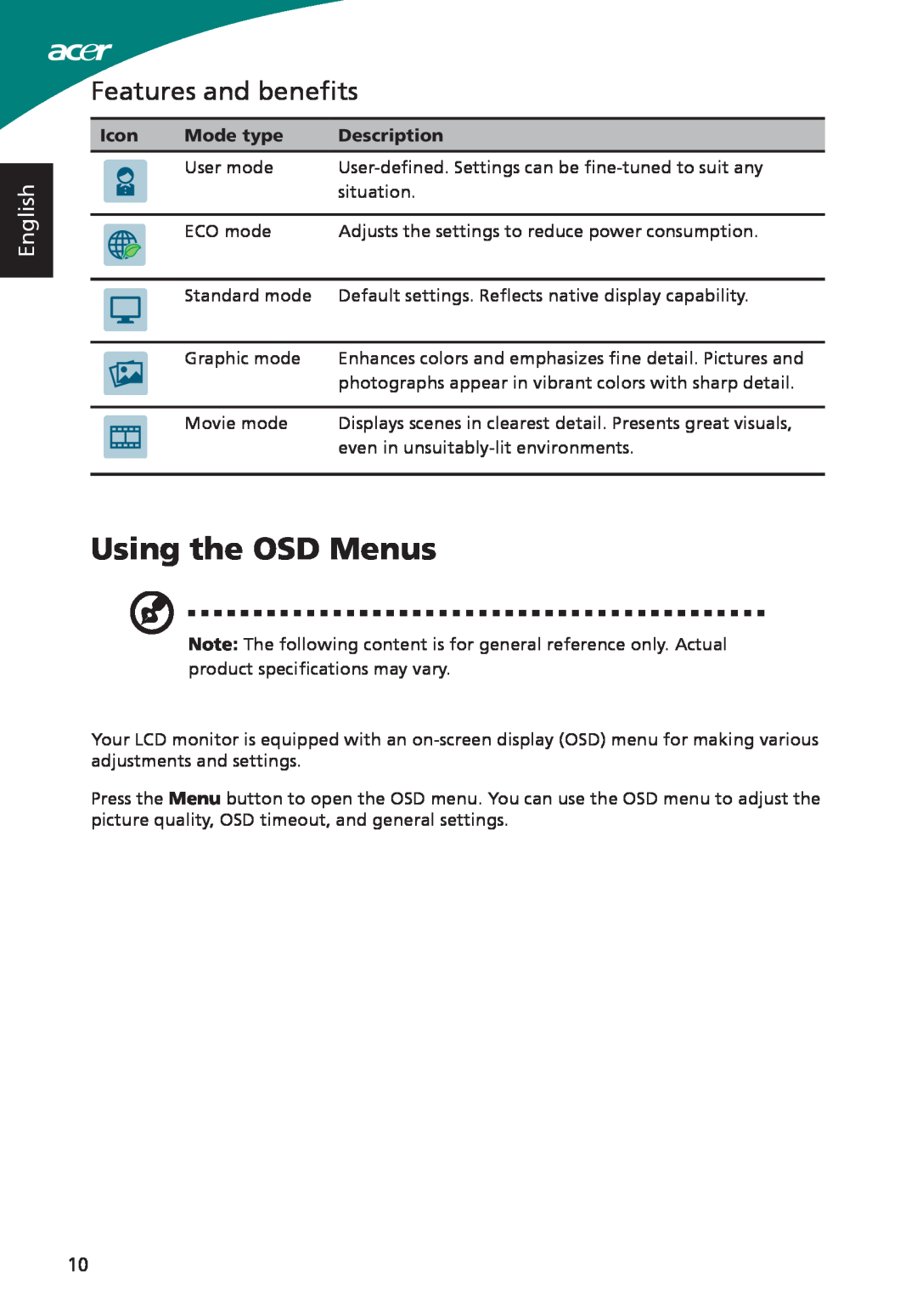 Acer S220HQL, ADP-40PH BB, S230HL manual Using the OSD Menus, Features and benefits, English, Icon, Mode type, Description 