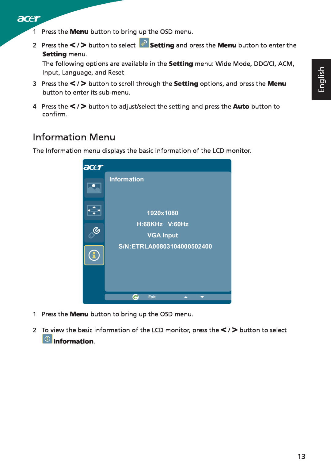 Acer S220HQL, ADP-40PH BB, S230HL manual Information Menu, English, Setting menu 