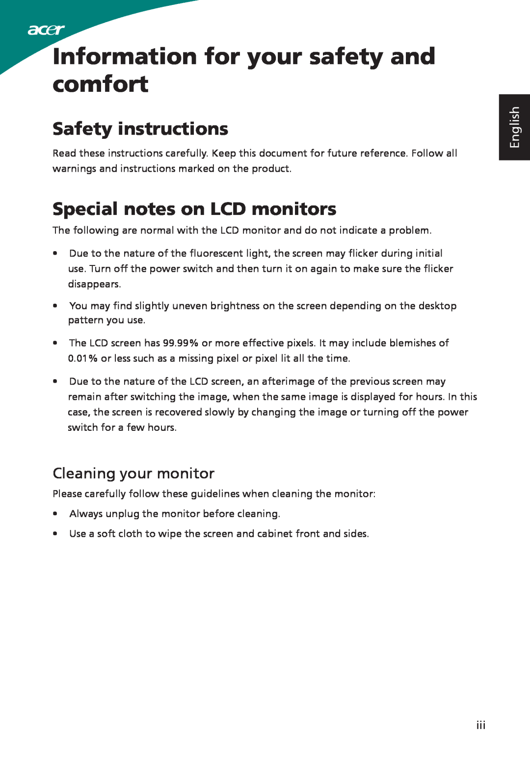 Acer ADP-40PH BB Information for your safety and comfort, Safety instructions, Special notes on LCD monitors, English 
