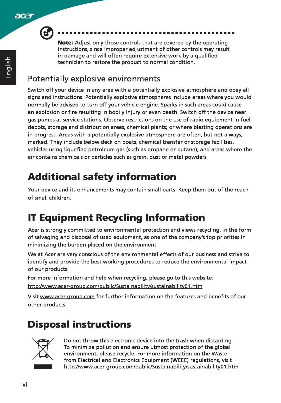 Acer ADP-40PH BB, S230HL Additional safety information, IT Equipment Recycling Information, Disposal instructions, English 