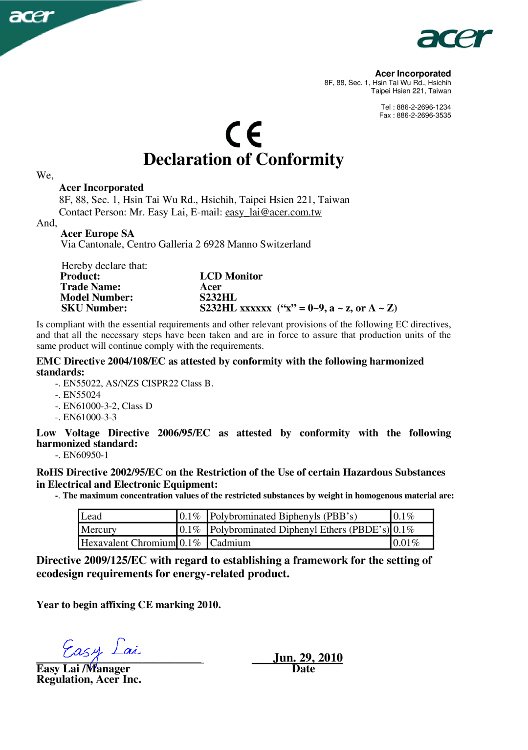 Acer F PS 040- RAB, ADPC1940-EN-3, DA-40A19 manual Declaration of Conformity 