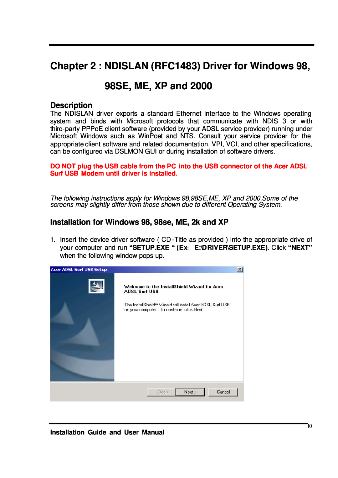 Acer ADSL Surf USB Modem user manual NDISLAN RFC1483 Driver for Windows 98SE, ME, XP and, Description 